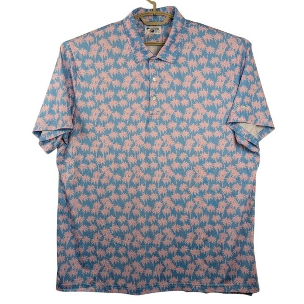 Bermies Polo Shirt‎ Men XXL Blue Pink Palm Tree UPF+50 Stretch Performance